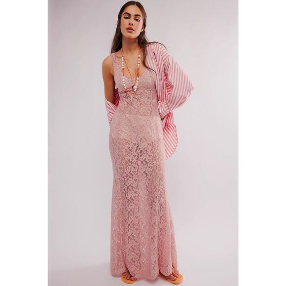 Free People Feeling For Lace Maxi Slip New Medium Rose Pink Orange - Picture 1 of 3